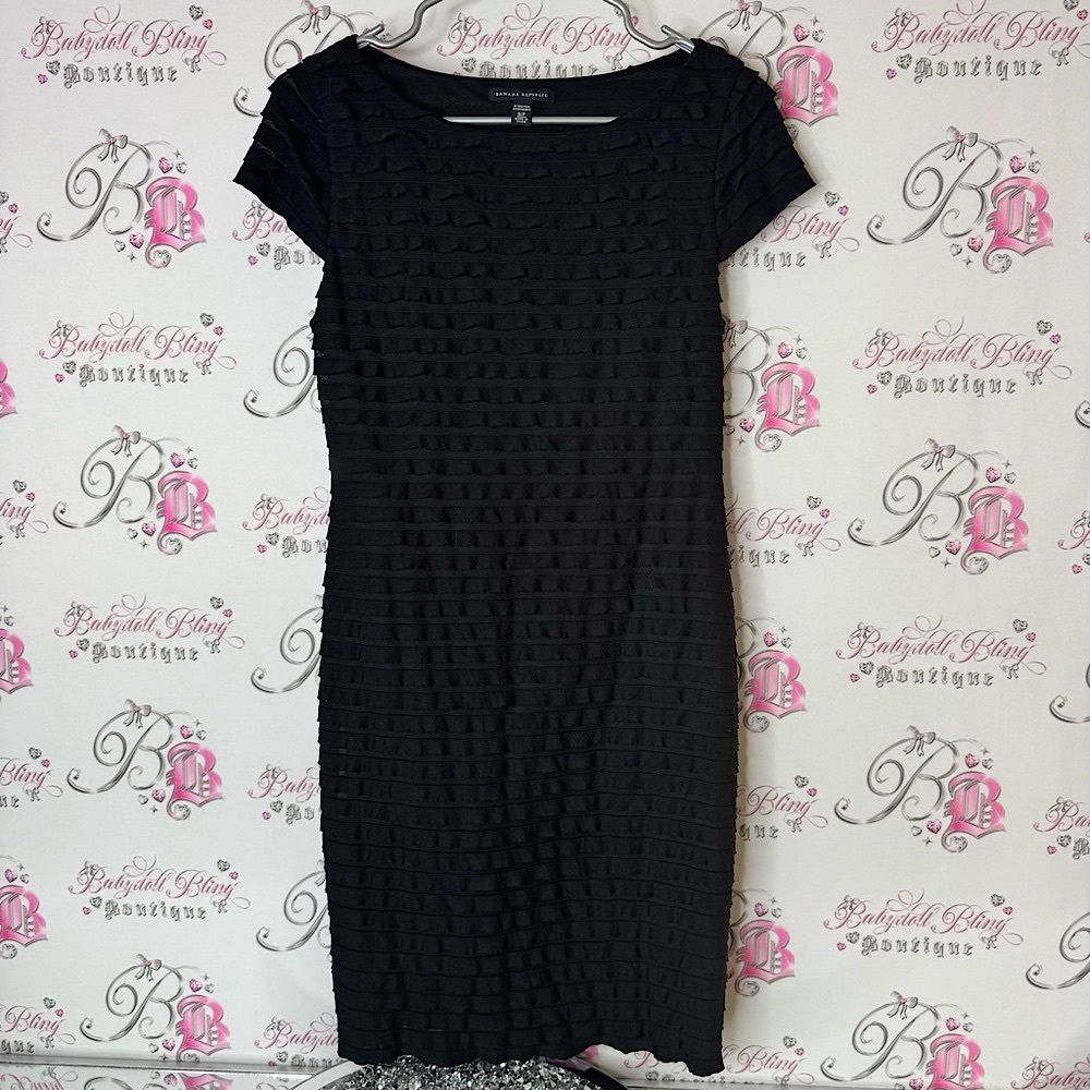 Banana Republic Elegant Black Midi Dress ruffle frilly tiered stretchy